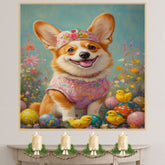 Corgi in Easter Outfit, Cute Pet Portrait for Spring Home Decor, Holiday Gifts for Dog Lovers, Dog Wall Art on Canvas Wrap, Framed Print, or Rolled Artwork
